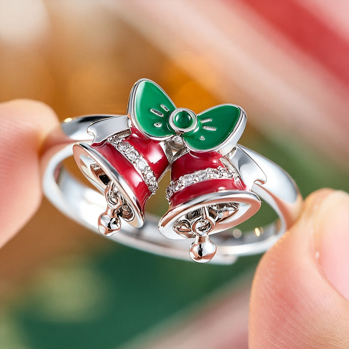Women's Christmas-Themed Bell Ring, Copper Open Ring